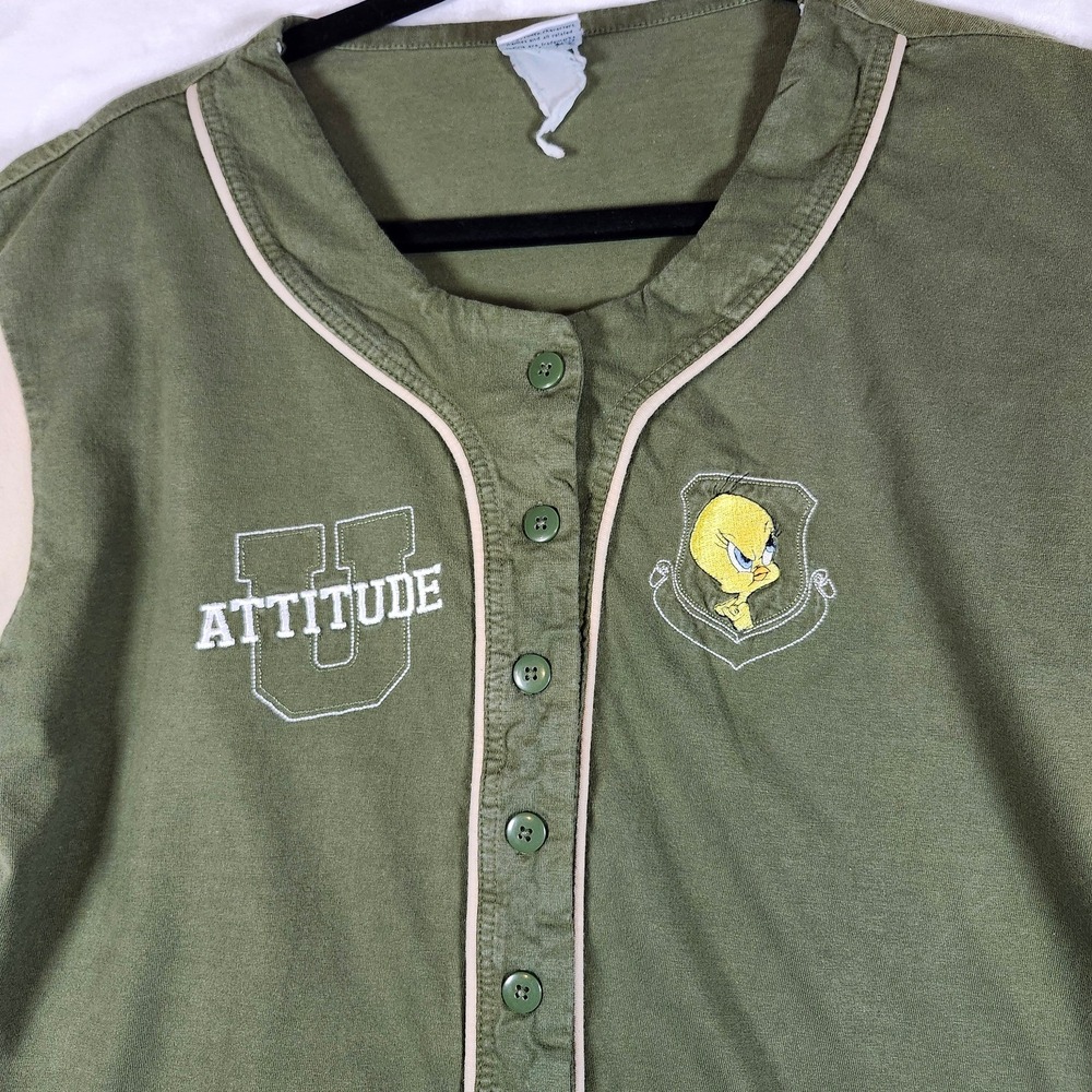 Vintage Looney Tunes Tweety Bird Attitude Baseball Jersey Women Olive Green Tan - Picture 4 of 9
